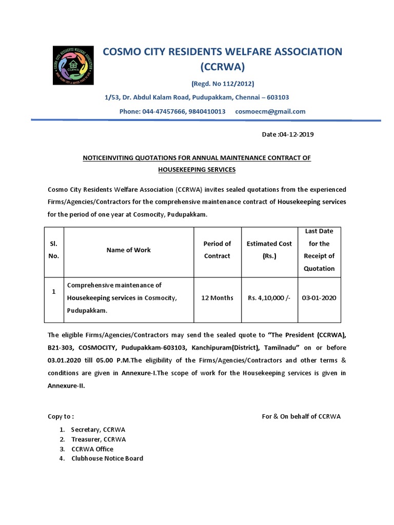 TENDER NOTICE HouseKeeping PDF Housekeeping Government Information