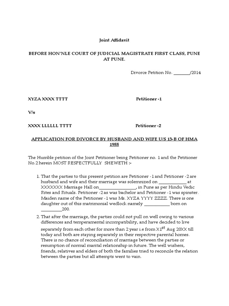 Application Format For Mutual Consent Divorce U_S 13B OF HMA