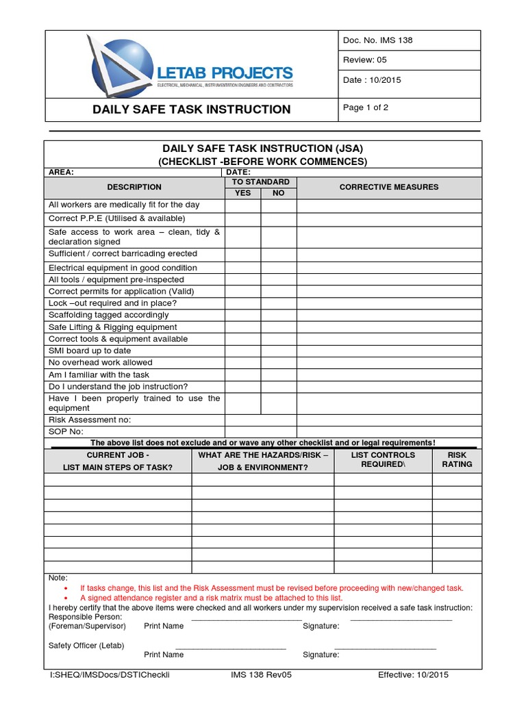 Daily Safe Task Instruction Checklist PDF Occupational Safety And