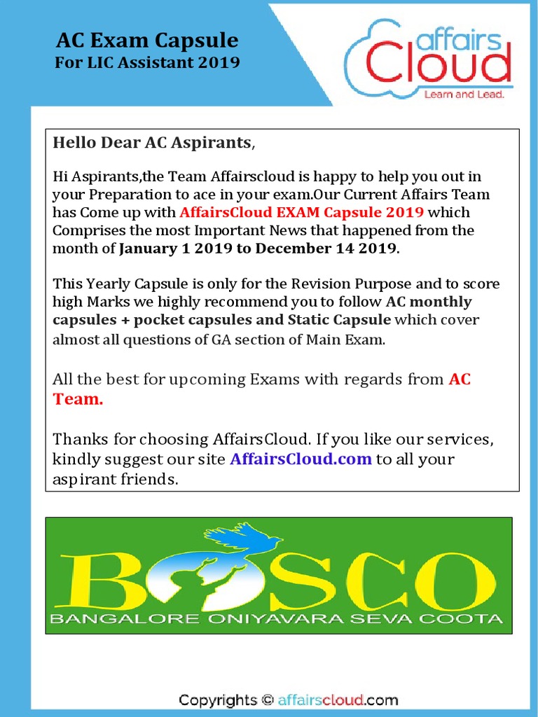 AC EXAM PDF 2019 - LIC Assistant Main Exam (Jan-Dec14th) by AffairsCloud PDF  | PDF | Reserve Bank Of India | Non Bank Financial Institution