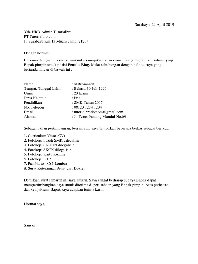 Download 72+ Contoh Surat Lamaran Kerja Simple Gratis