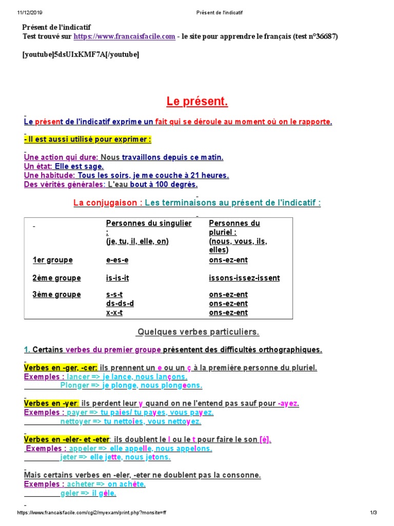 Présent De L indicatif Exercices Francais Facile Présent de L'indicatif PDF | PDF | Nombre grammatical | Verbe