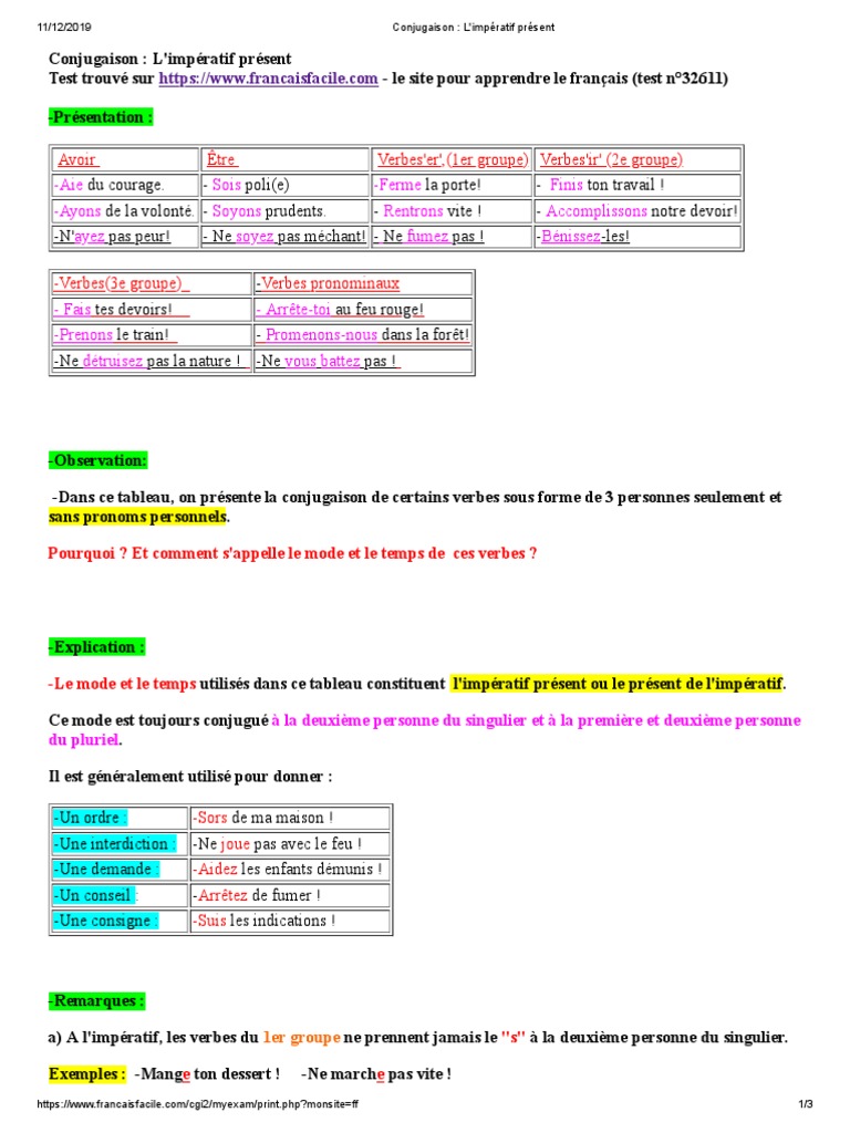 Verbe Du 1er Groupe à L impératif Conjugaison - L'impératif Présent | PDF | Verbe | Nombre grammatical