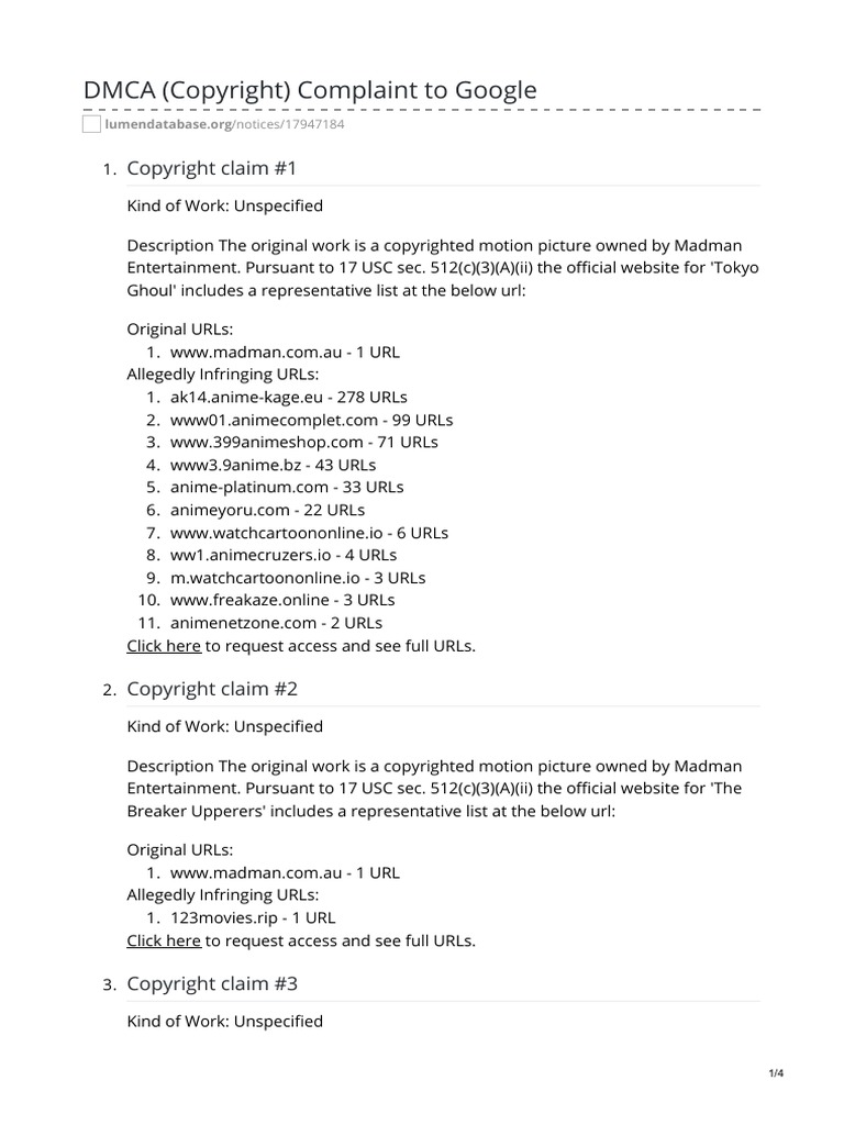 DMCA Complaints Against Infringing URLs | PDF | Digital Millennium ...