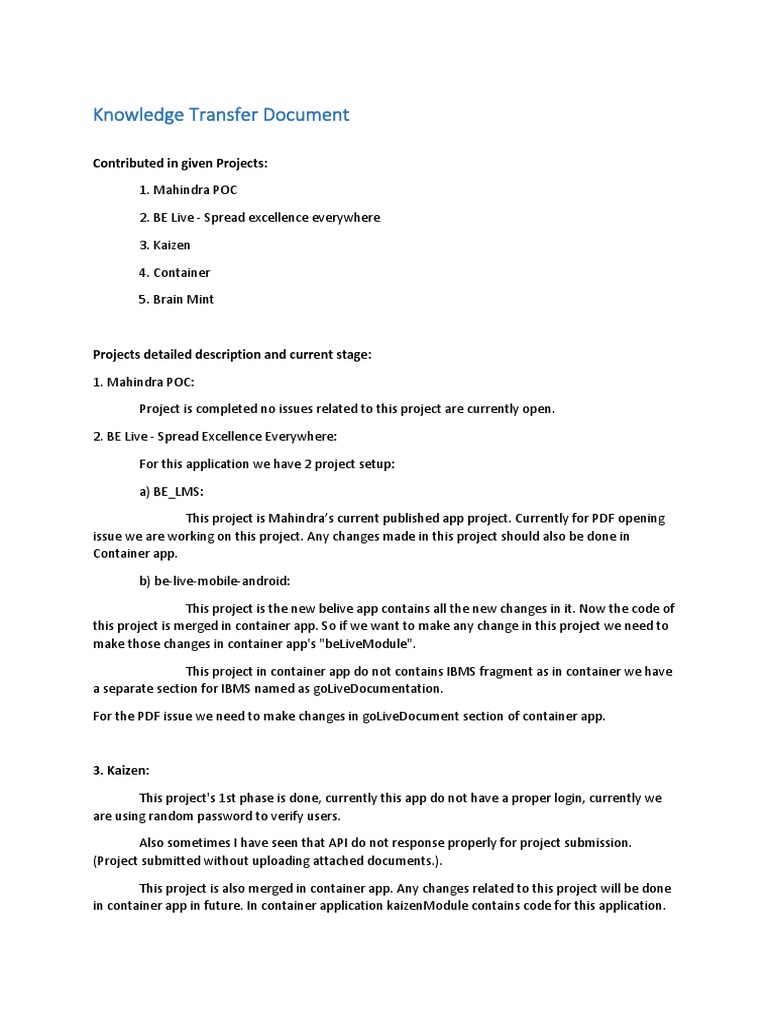 Knowledge Transfer Document Overview | PDF | Mobile App | Application ...