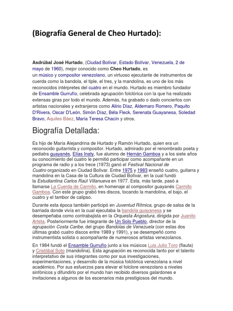 Biografia General De Cheo Hurtado Musica Latinoamericana Musica Sudamericana scribd