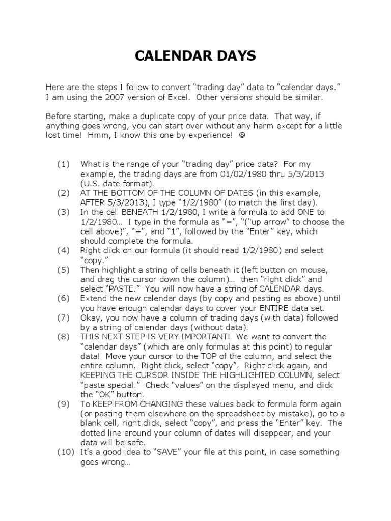Converting Trading Days To Calendar Days  PDF  Spreadsheet 
