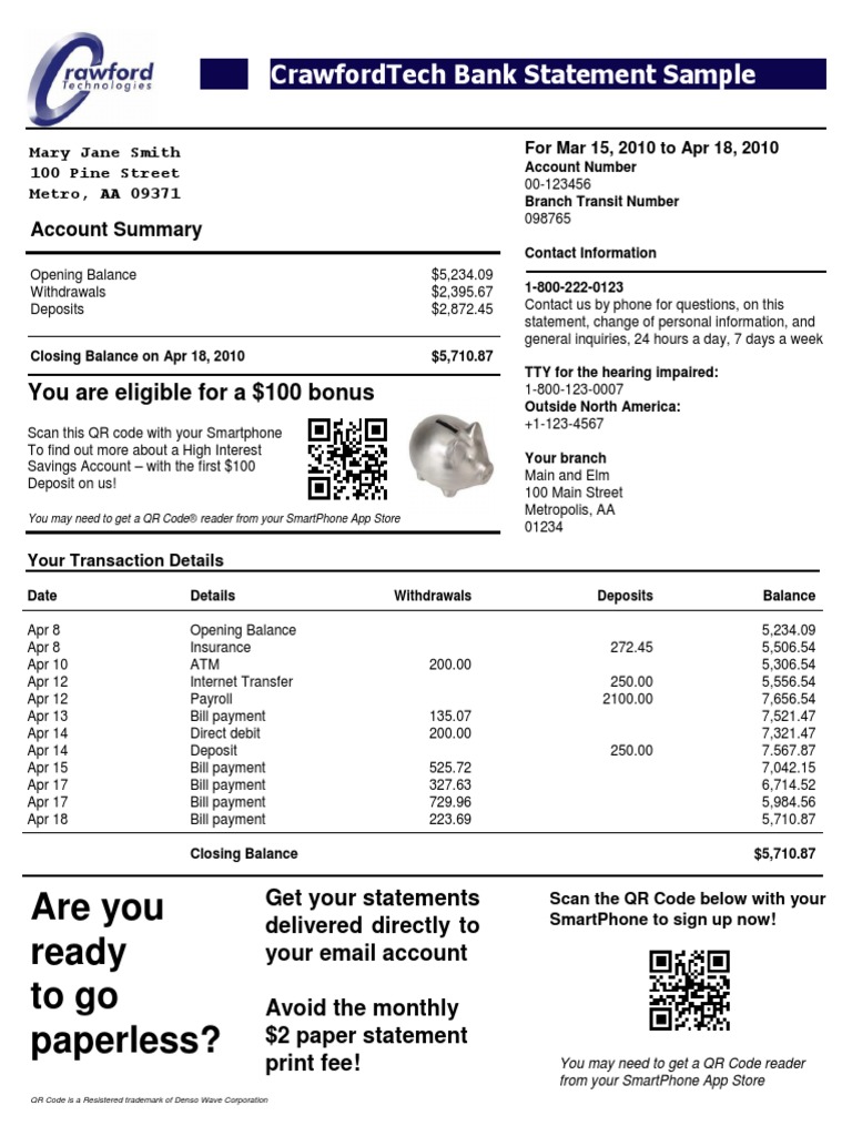 Sample Bank Statement Template
