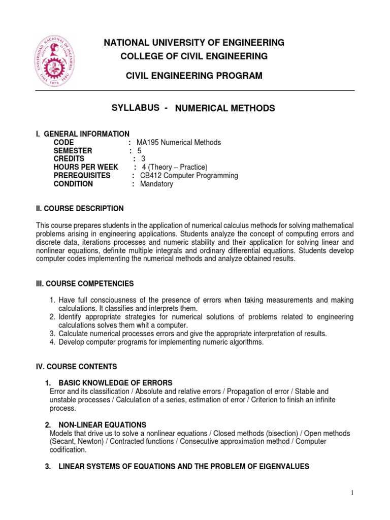 Numerical Methods Syllabus PDF Numerical Analysis Theoretical