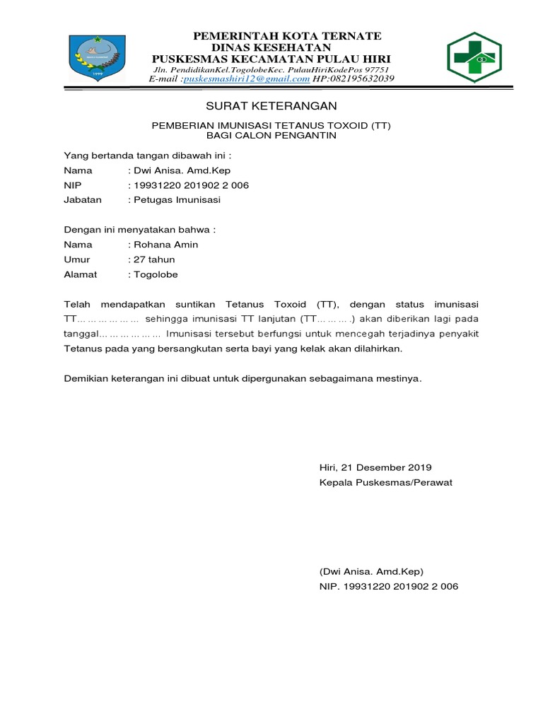 Contoh Surat Keterangan Suntik Tt