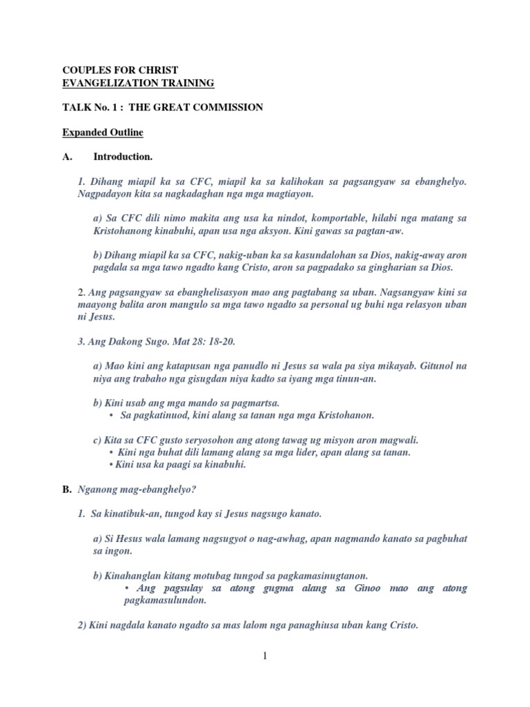 01 CFC Evangelization Training Expanded Outline Bisaya | PDF
