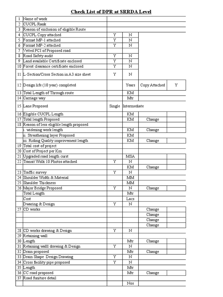 DPR Checklist for SRRDA Projects | PDF | Road Infrastructure | Civil ...