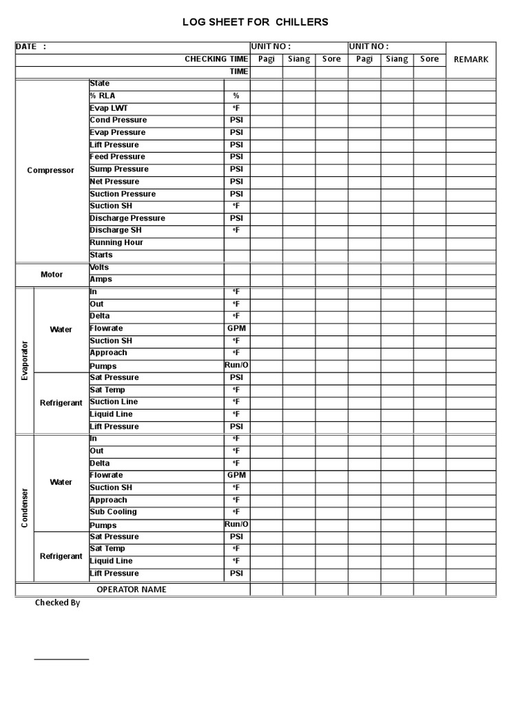 Log Sheet Chiller PDF Gas Technologies Electromechanical Engineering