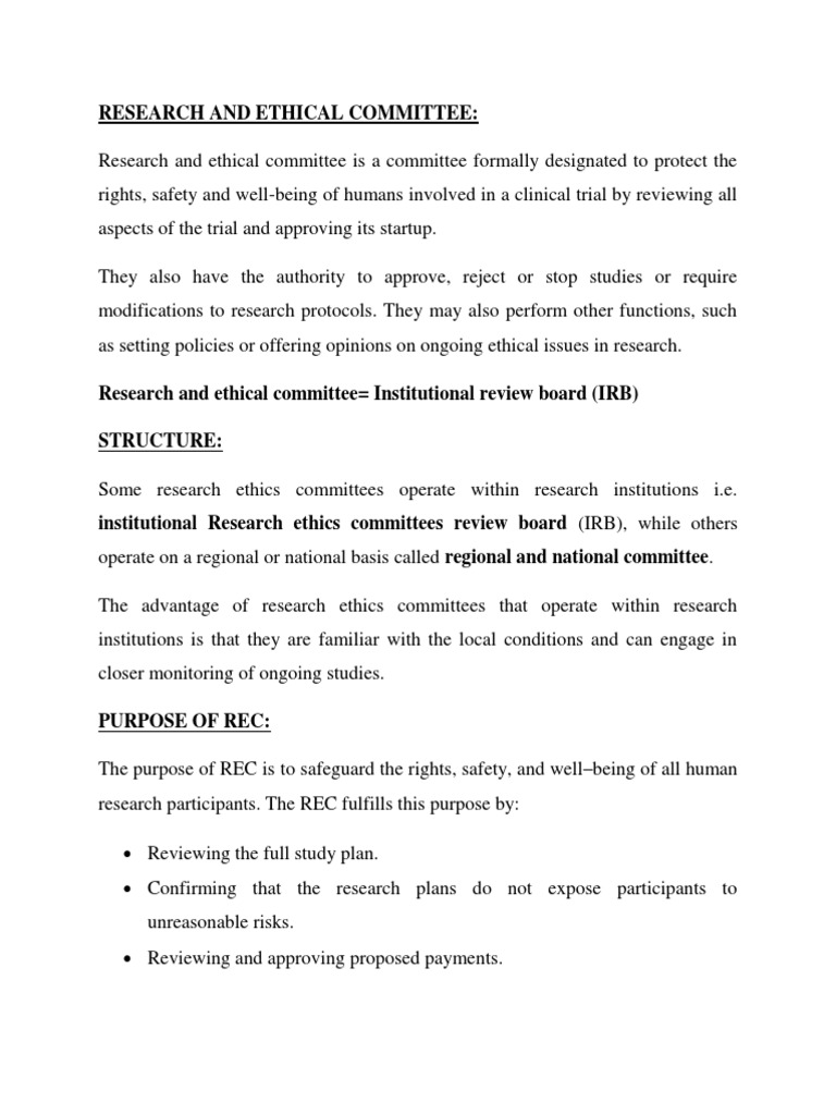 Role of Research Ethics Committees | PDF | Institutional Review Board ...