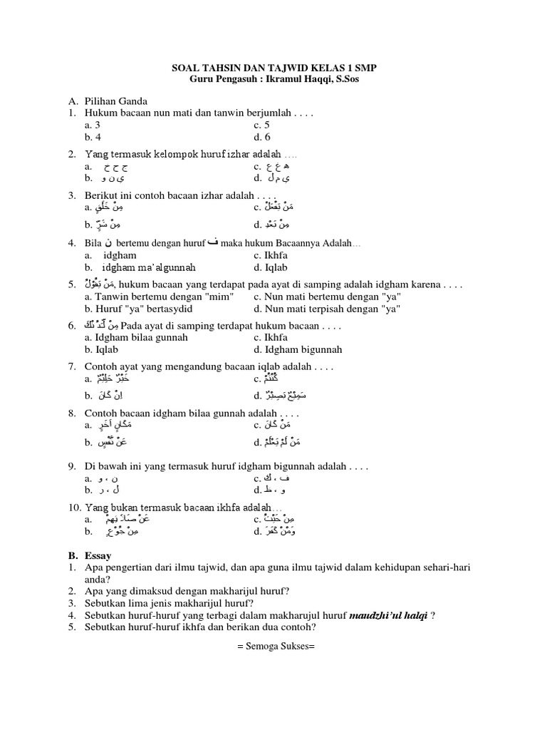 Soal Tahsin Dan Tajwid Kelas 1 Smp