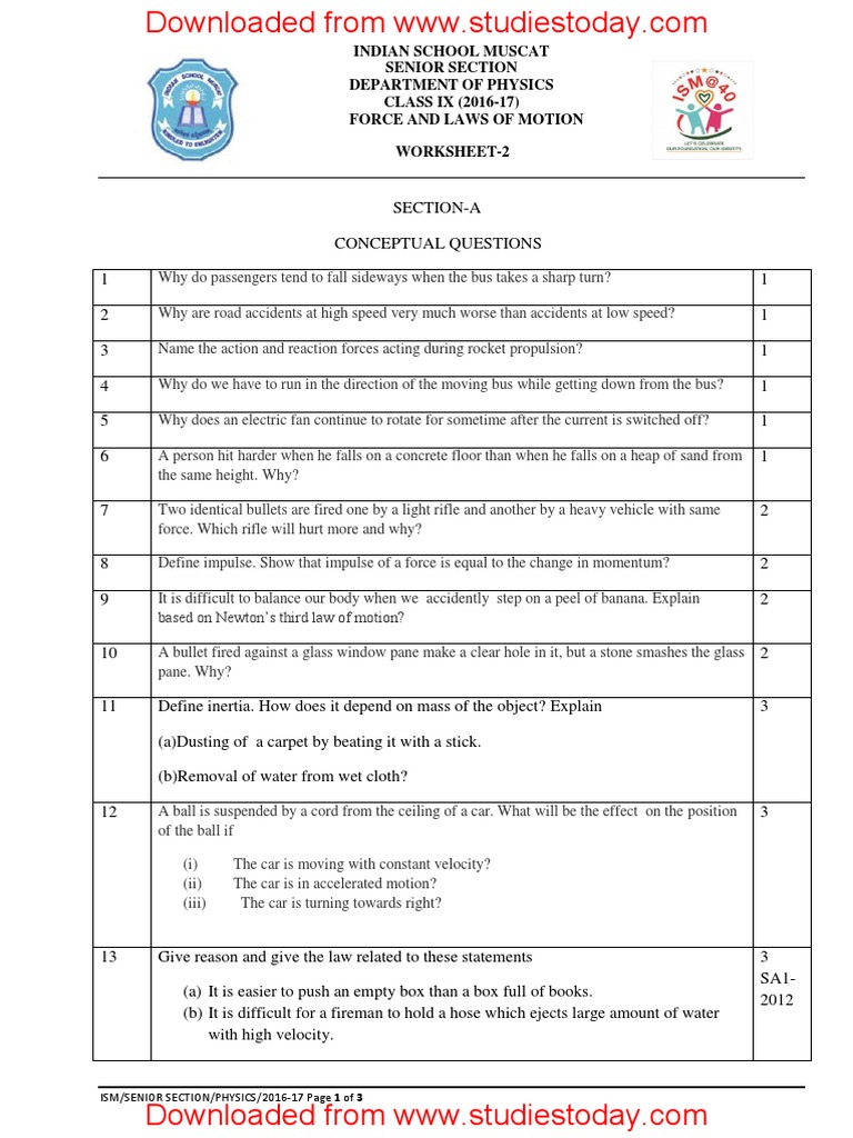 CBSE Class 9 Science Worksheet Force and Laws of Motion Force