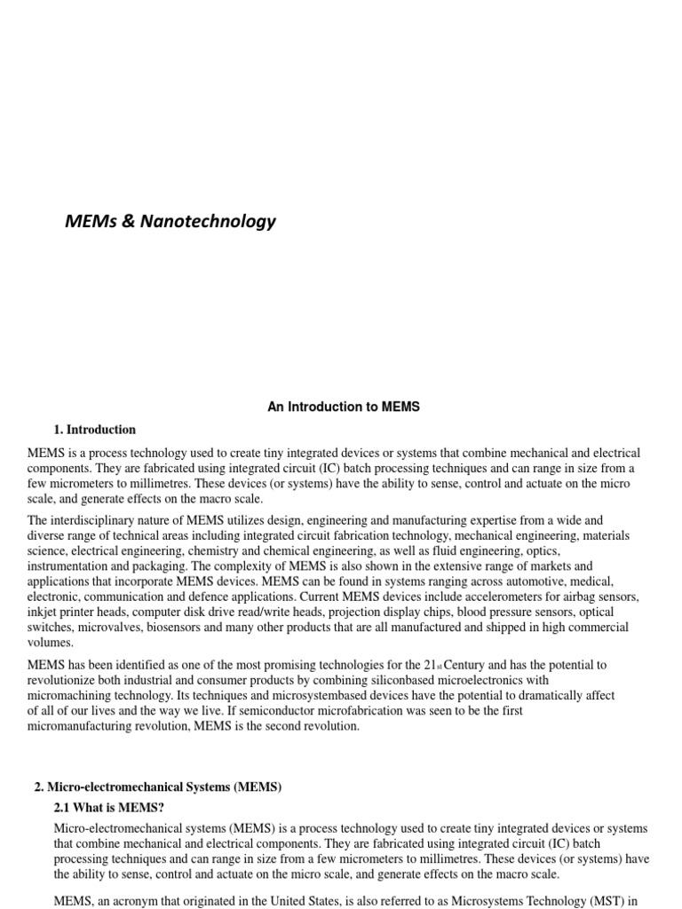 Unit 6 Class Notes MEMs & Nanotechnology | PDF | Microelectromechanical ...