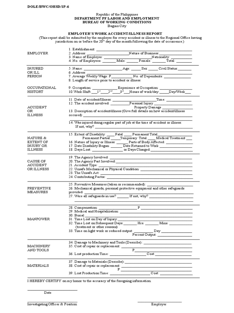 DOLE Employer's Accident Report Form | PDF | Working Conditions ...