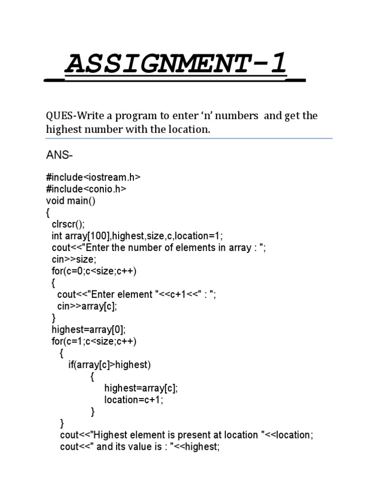 C++ Programs for Basic Assignments | PDF | Computer Programming ...