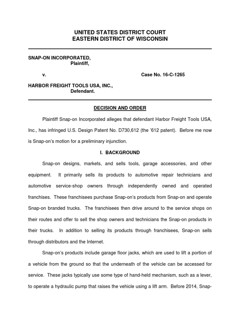 SnapOn v. Harbor Freight Order Denying PI PDF Patent