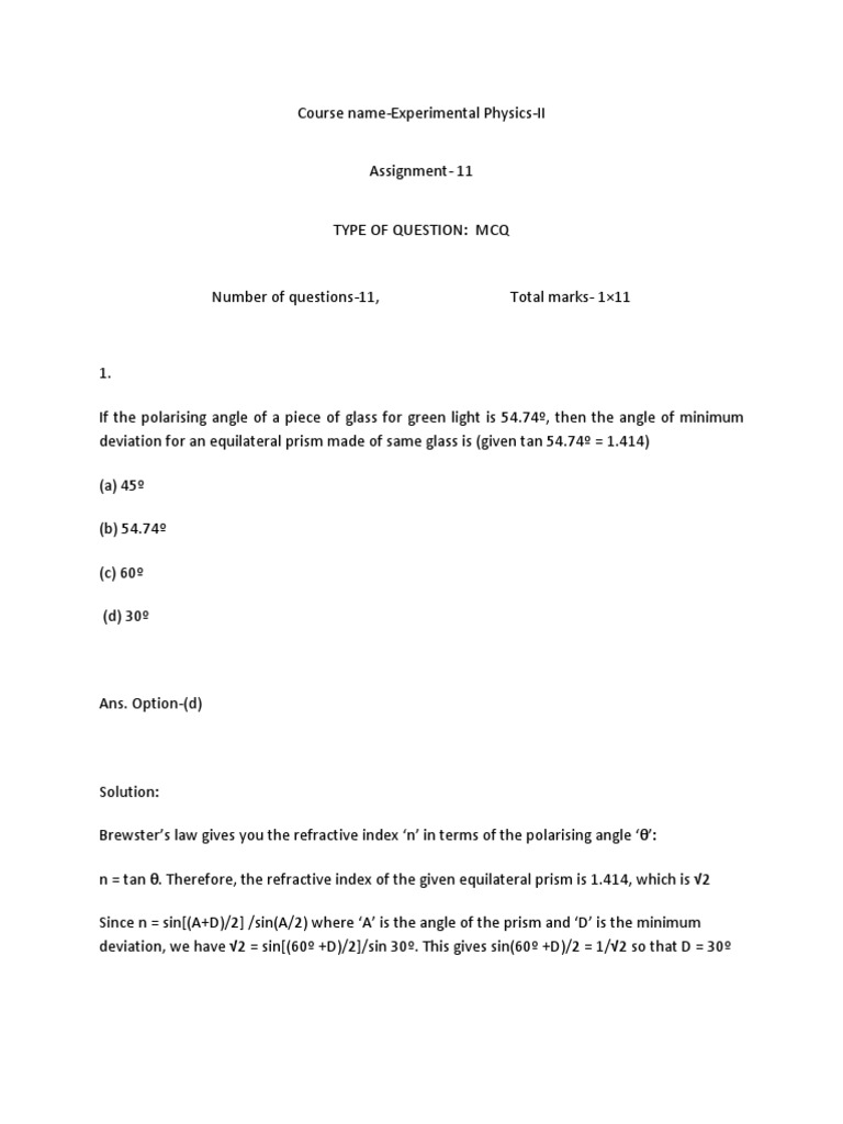 Assignment 11 And Solution Pdf Refractive Index Refraction