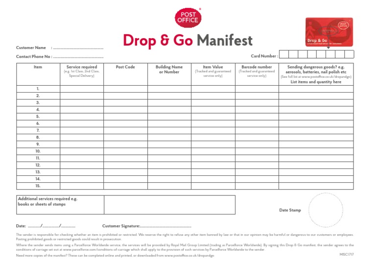 Drop & Go Manifest Form | PDF | Mail | Public Services
