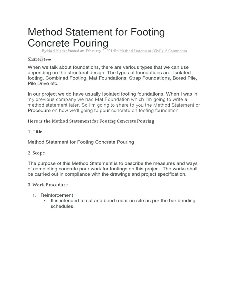 Footing Concrete Pouring Method Statement | PDF | Concrete | Deep ...