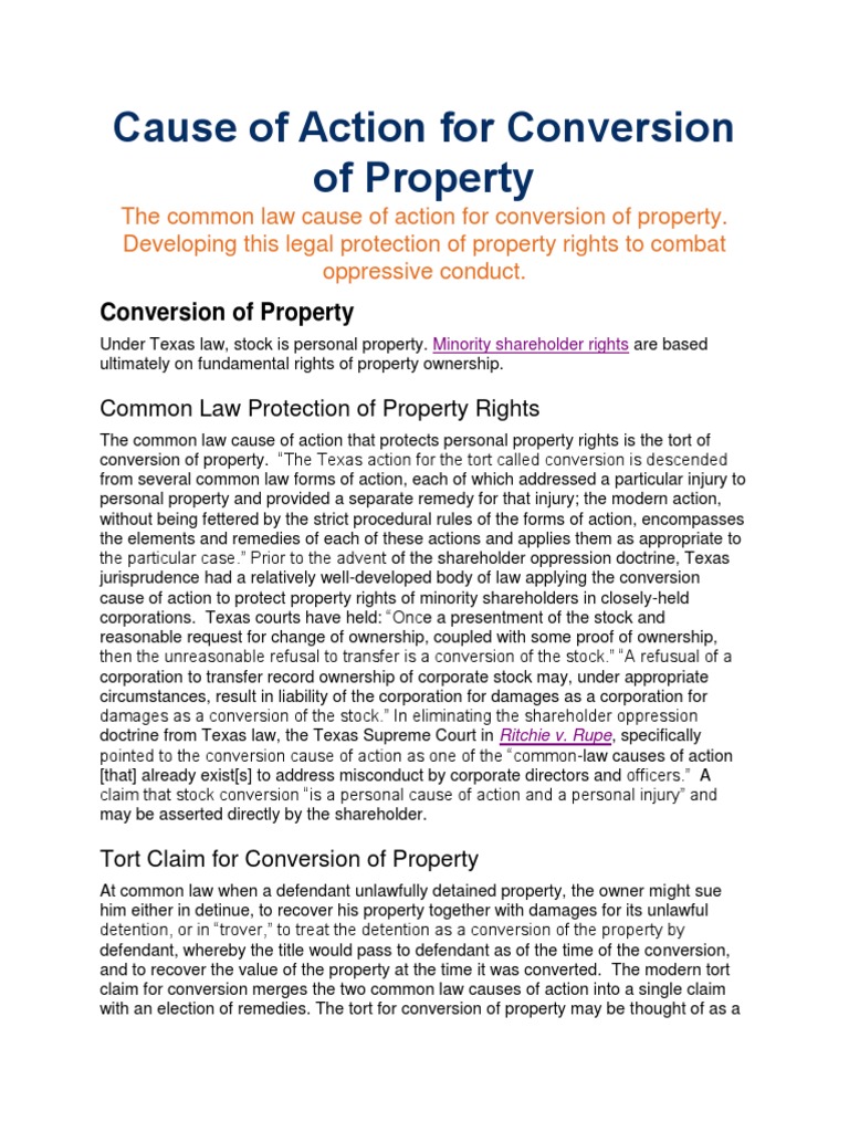 Cause of Action for Conversion of Property Conversion (Law) Law And