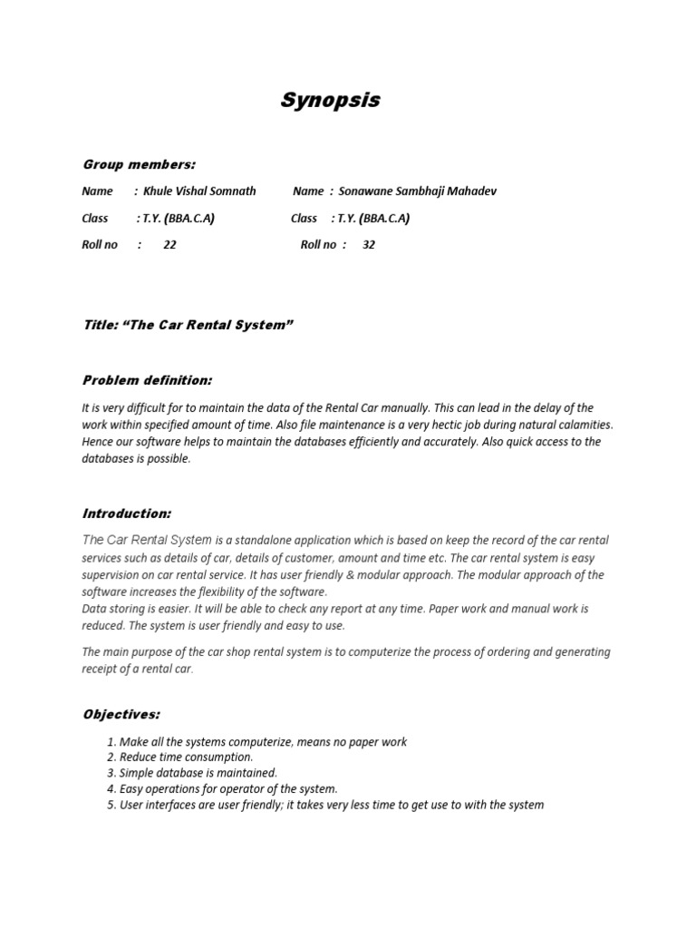 Synopsis Car Rental System | PDF | Databases | Usability