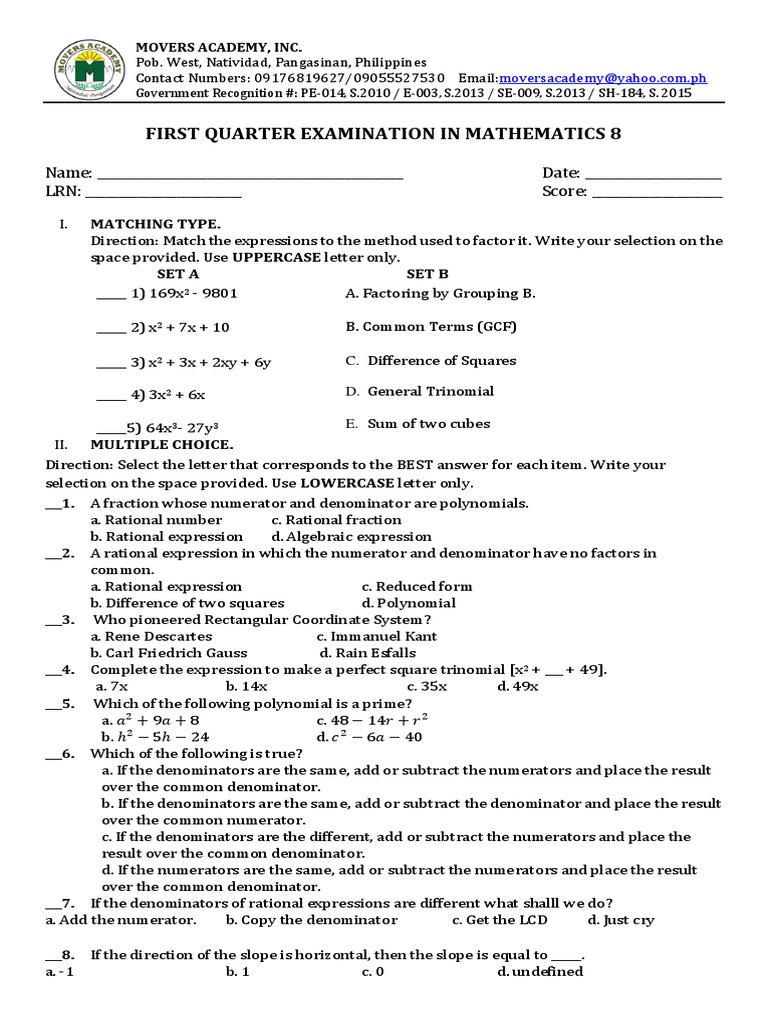 MATH 8 - FIRST QUARTER EXAM (Teacher Marc) | PDF | Fraction ...