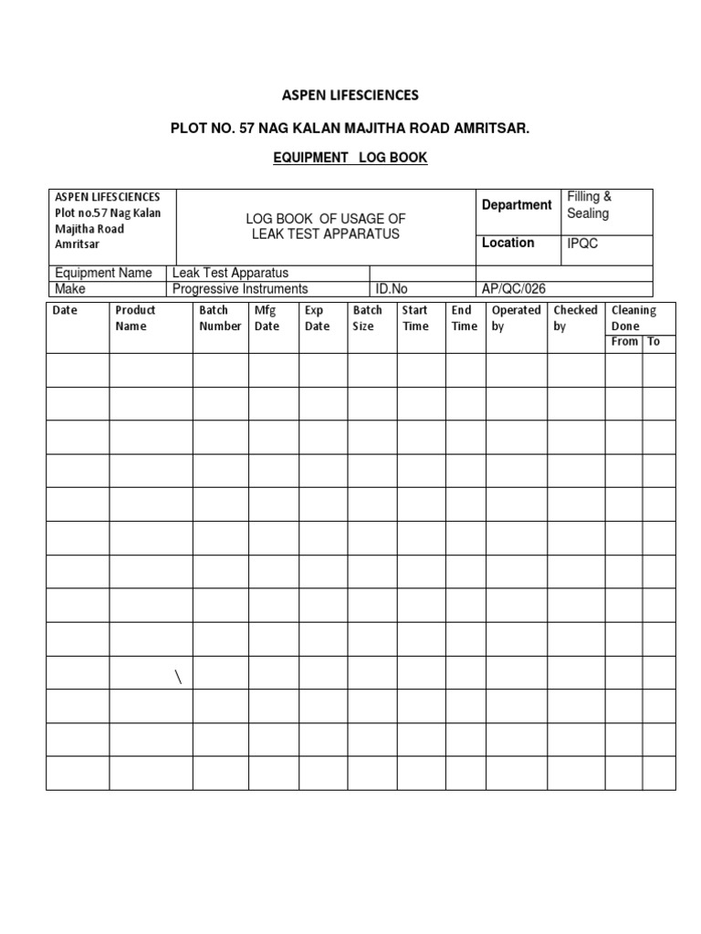 Aspen Lifesciences Leak Test Log Book | PDF
