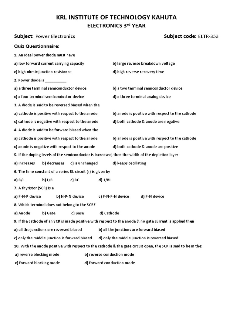 Power Electronics Quiz PDF