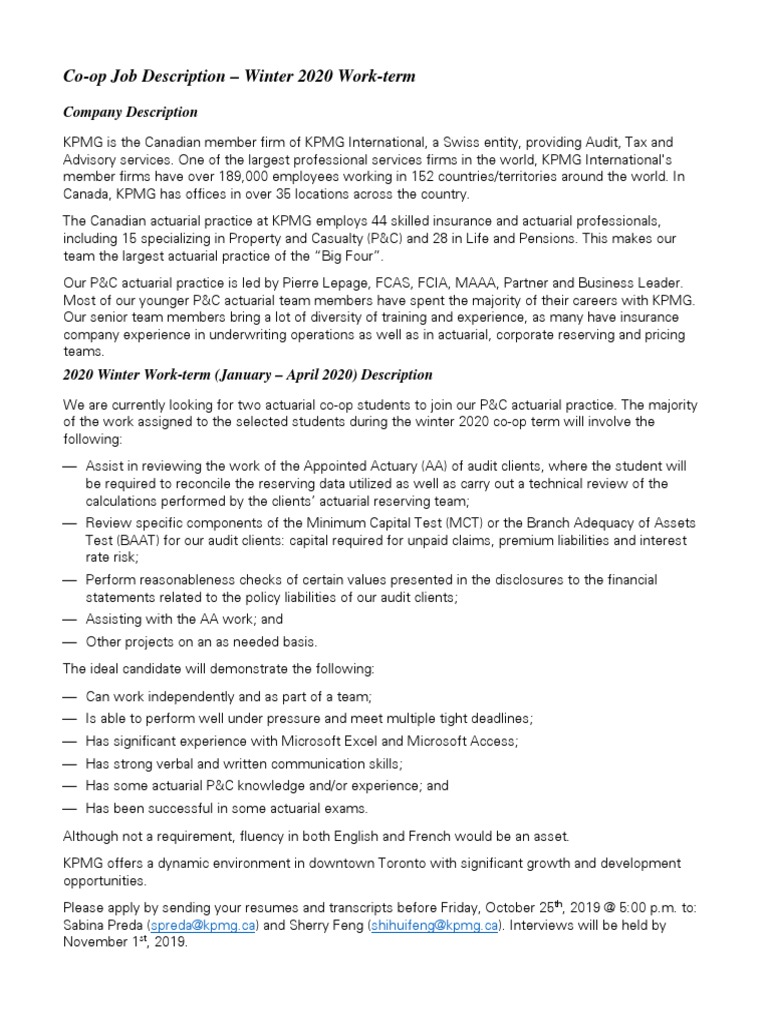 CoOp Winter 2020 Job Description KPMG PDF PDF Actuarial Science