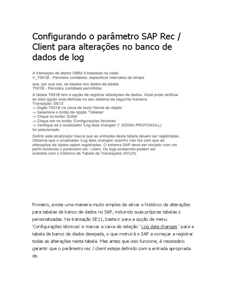 Configuração do Parâmetro SAP Rec/Client | PDF | Transação em base de ...