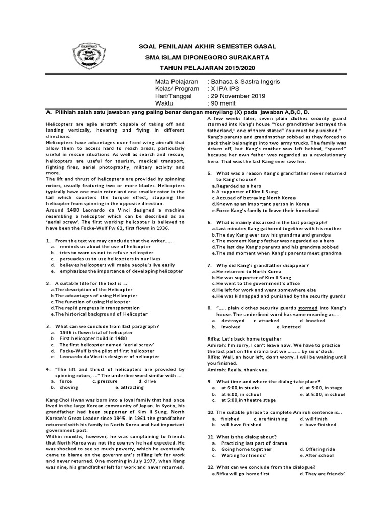 Soal Bahasa Inggris Lintas Minat Kelas X Helicopter Charles Darwin
