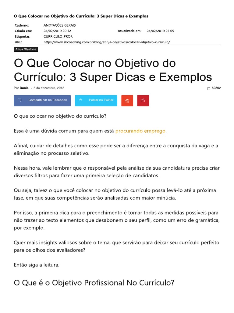 O Que Colocar No Objetivo Do Currículo - 3 Super Dicas e Exemplos | PDF