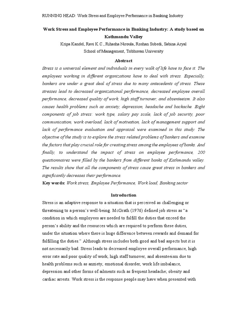 Impact of Stress on Bank Employee Performance | PDF | Occupational ...