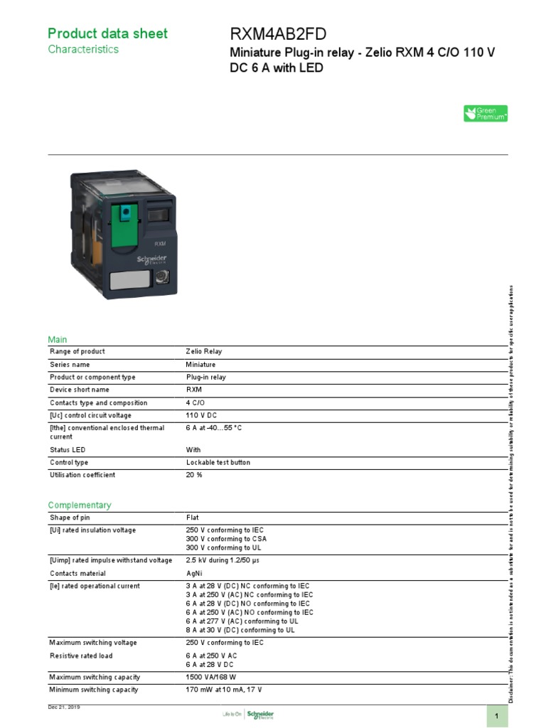 Zelio RXM4AB2FD Mini Relay Data Sheet | PDF | Relay | Alternating Current