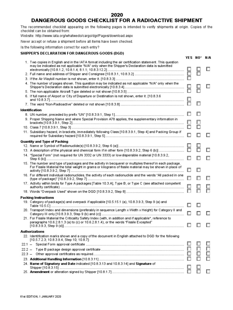 DGR 61st Edition Checklist For A Radioactive Shipment 11 | PDF ...