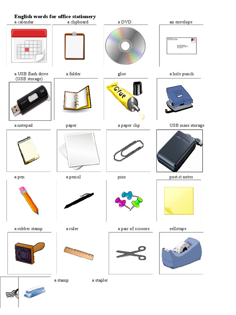 Office Stationery Vocabulary List | PDF