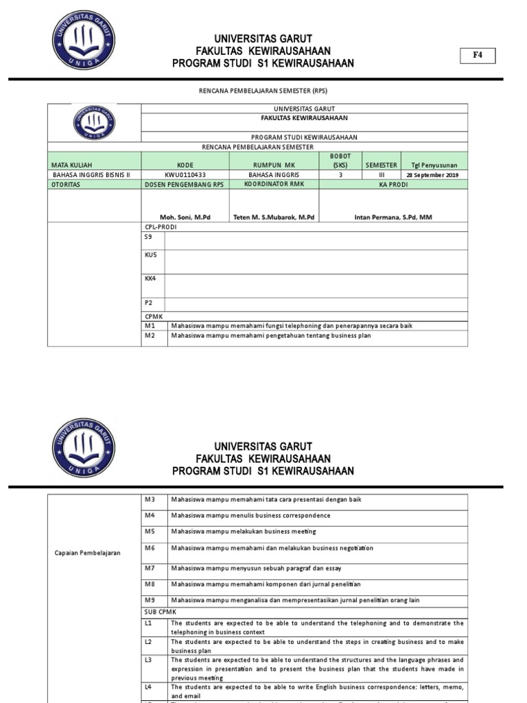 RPS Kewirausahaan S1 Universitas Garut | PDF | Essays | Human Communication