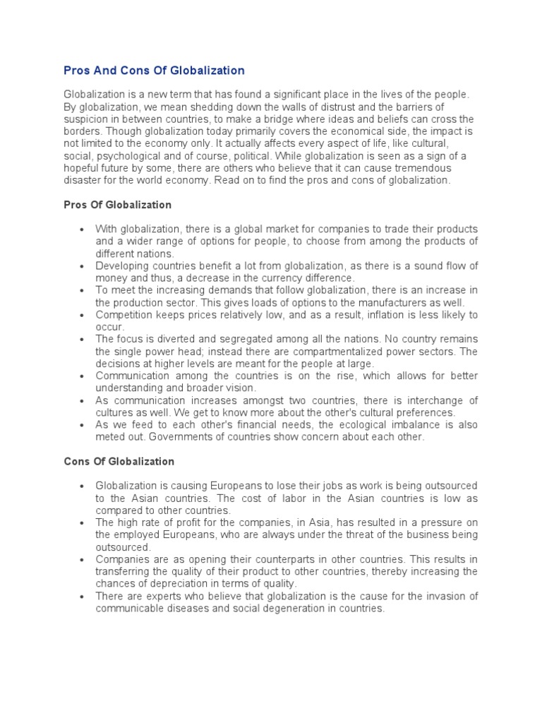 Pros and Cons of Globalization | PDF | Globalization | Outsourcing