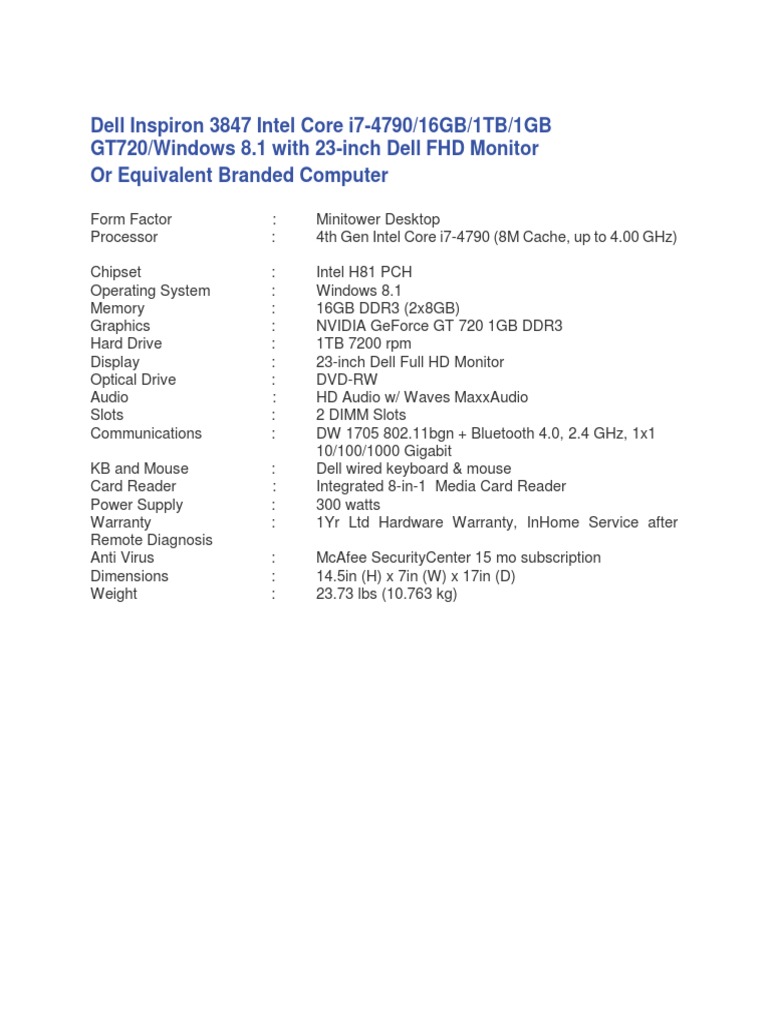 Dell Inspiron 3847 Desktop Specs | PDF | Games & Activities ...