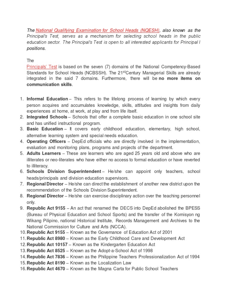 National Qualifying Examination For School Heads (NQESH) | PDF ...