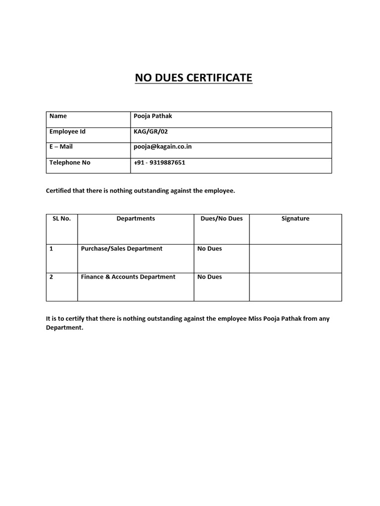 No Dues Certificate PDF