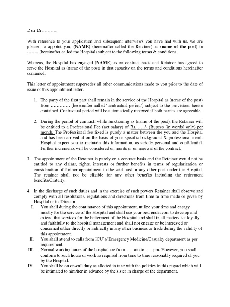 Format of Appointment Order of Medical Consultant | PDF | Hospital 