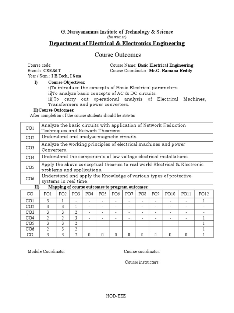 Course Outcomes for Basic Electrical Eng. | PDF