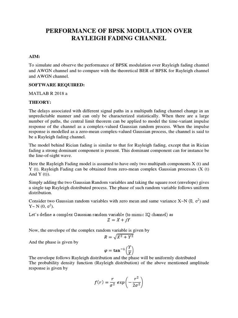 BPSK Performance in Rayleigh Fading Channel | PDF | Normal Distribution ...