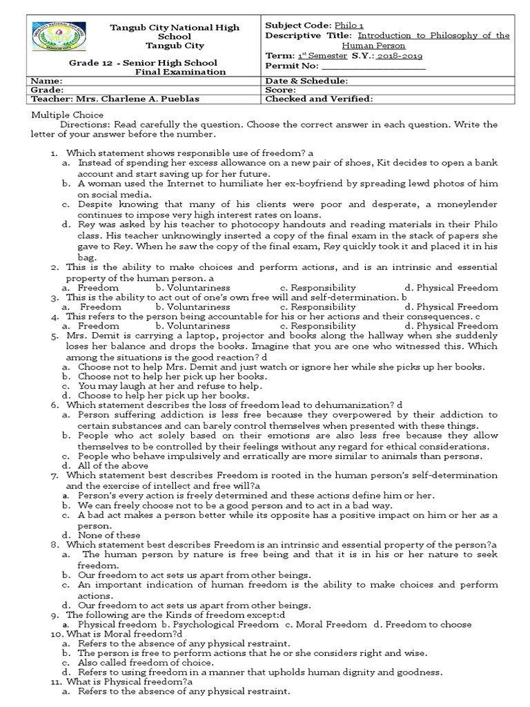 Grade 12 Philosophy Final Exam Guide | PDF | Free Will | Natural Law