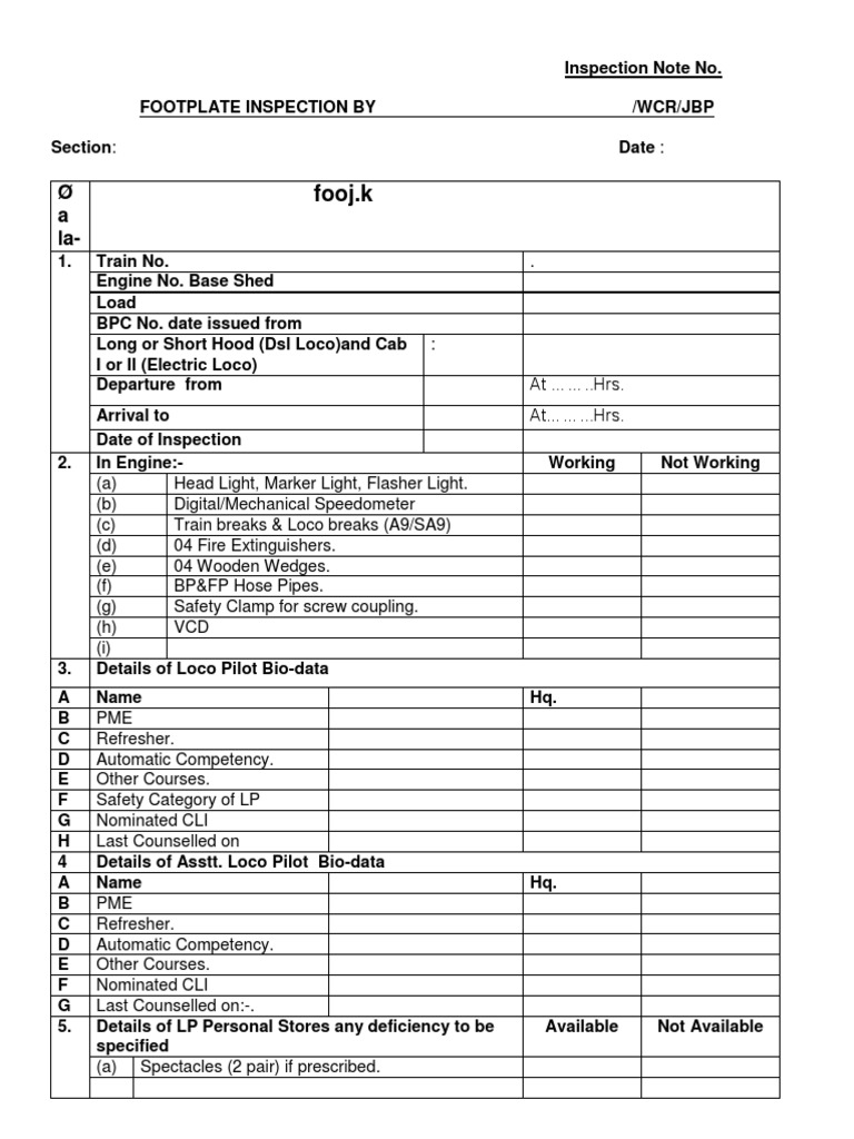 Footplate Inspection Report Template | PDF | Land Transport ...